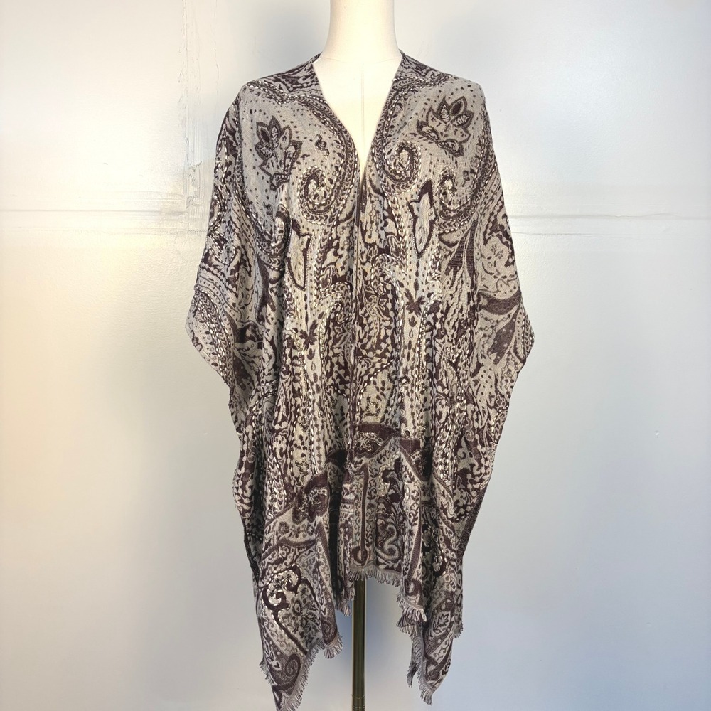 J. Jill Wearever Paisley Beaded Open Front Wrap Poncho Grey Purple Boho S-L